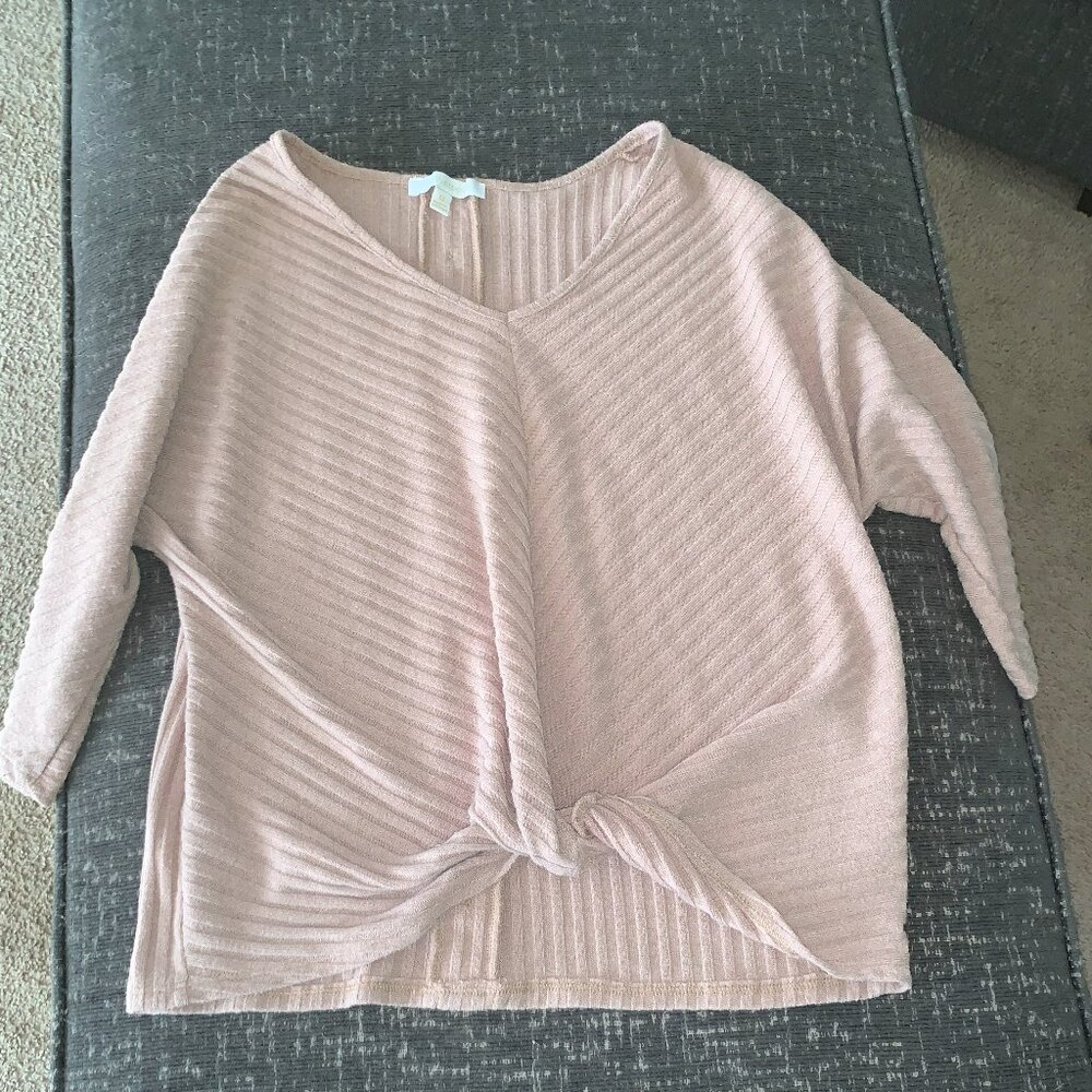 Ivy Ridge tan Ribbed Sweater Top w/ Button Back & Front Knot medium